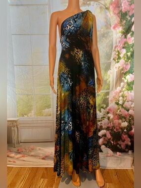 Unaluna One-Shoulder Printed Maxi Dress in Blue & Amber